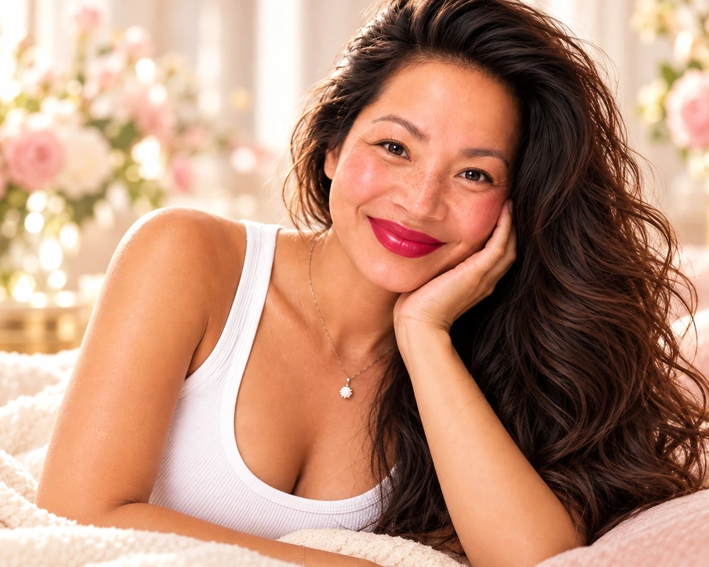 ME-LIPS founder Melinda Bui smiling among pale pink flowers