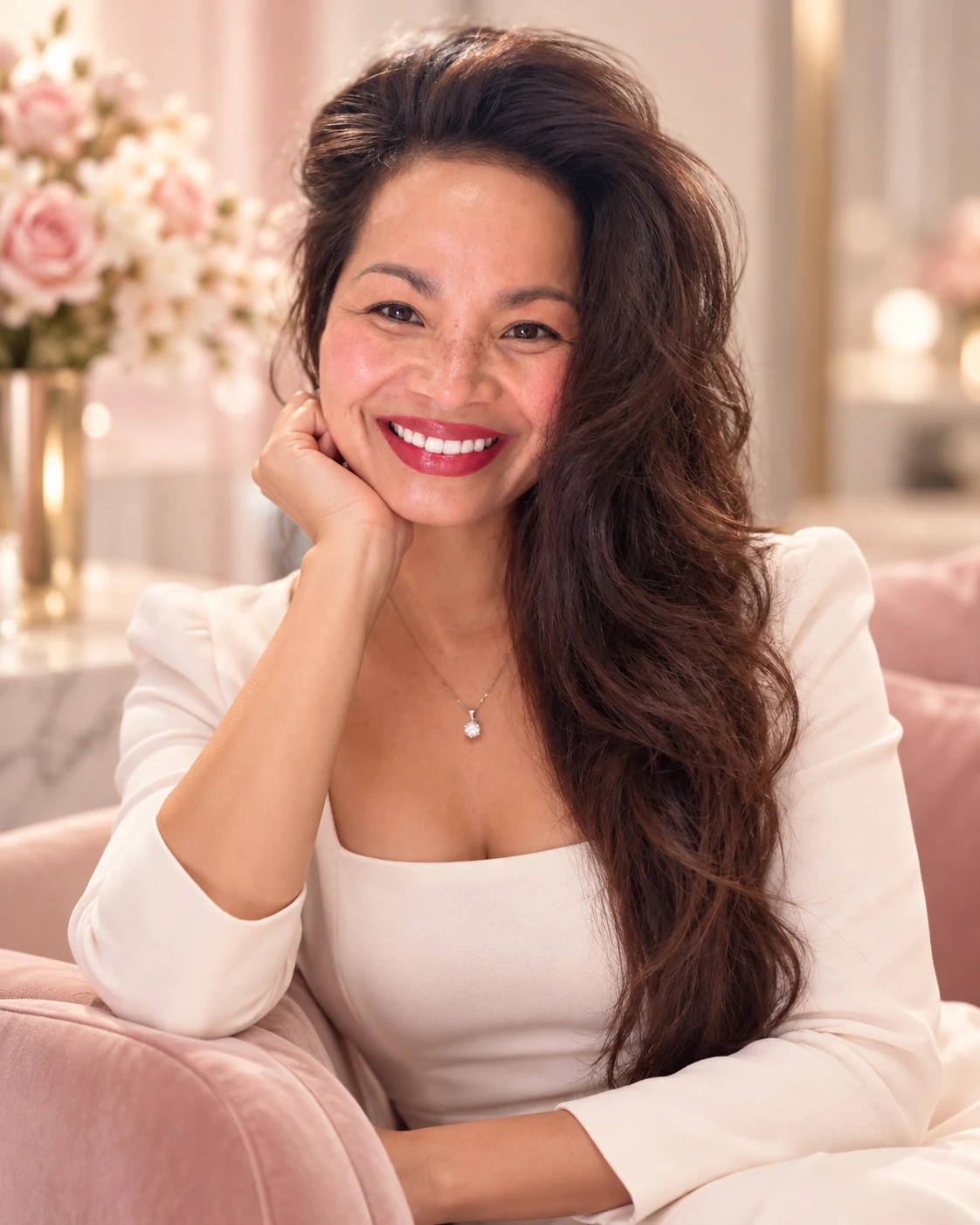 Portrait of Melinda Bui, founder of ME-LIPS, smiling in a soft blush-pink holiday setting