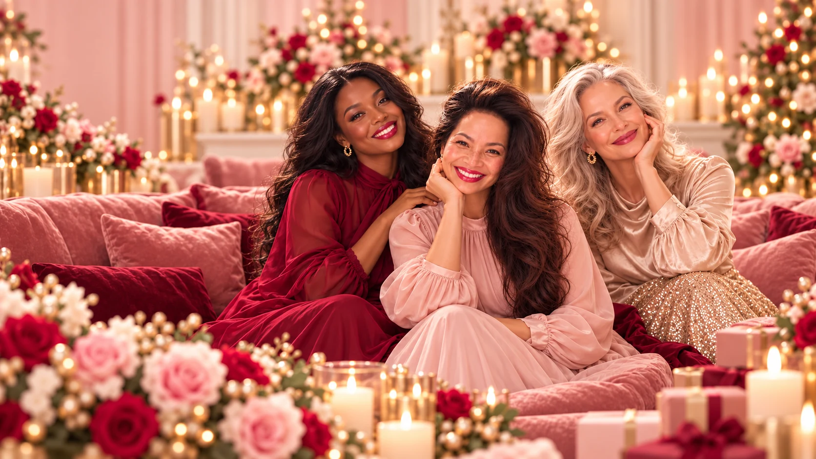 ME-LIPS holiday beauty editorial with three women in modest rose-red, blush-pink and champagne outfits, each wearing a different pink-red lip look