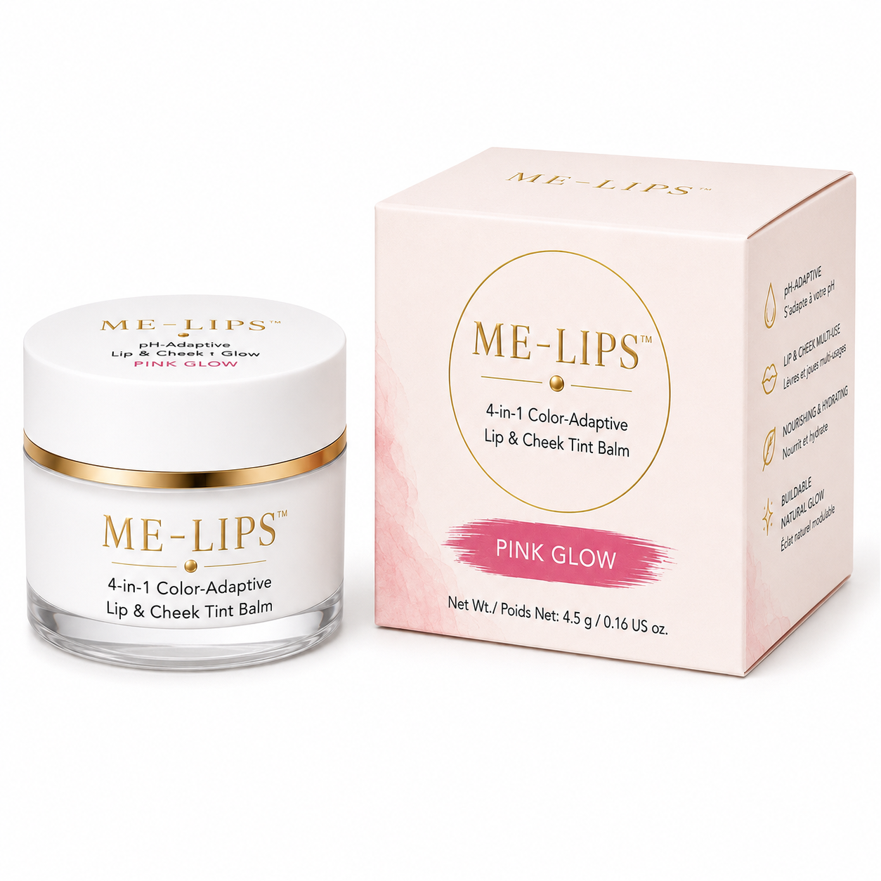 ME-LIPS Pink Glow 4-in-1 lip and cheek tint balm, 4.5 g white jar with gold trim and blush retail box