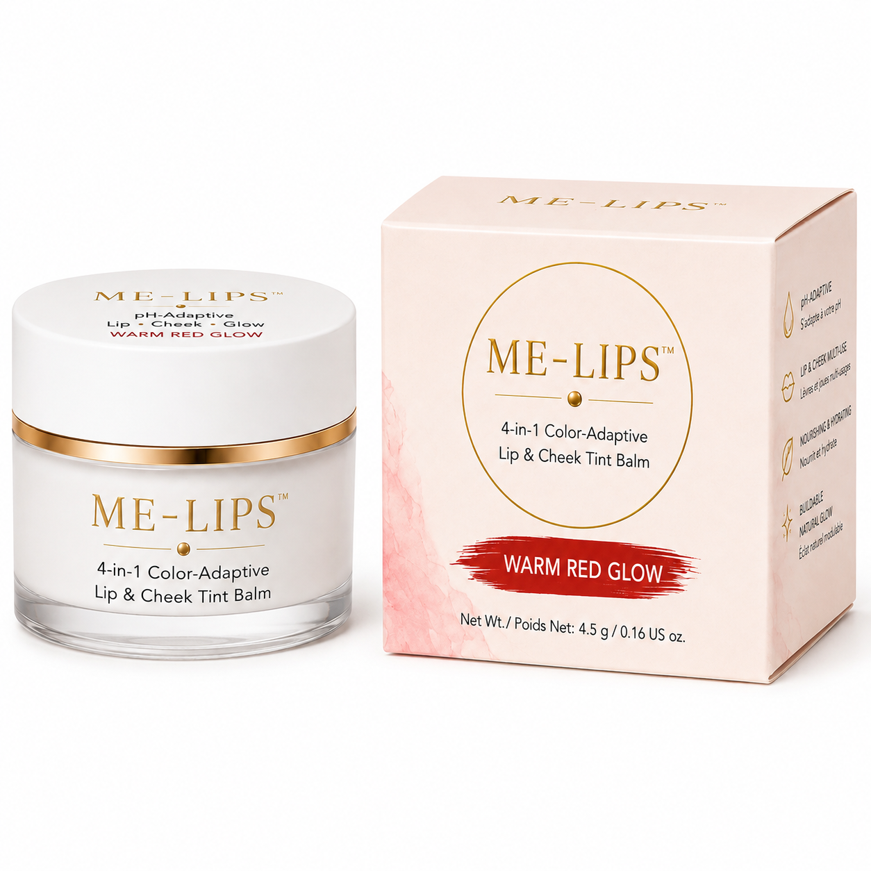 ME-LIPS Warm Red Glow 4-in-1 lip and cheek tint balm, 4.5 g white jar with gold trim and red-pink retail box
